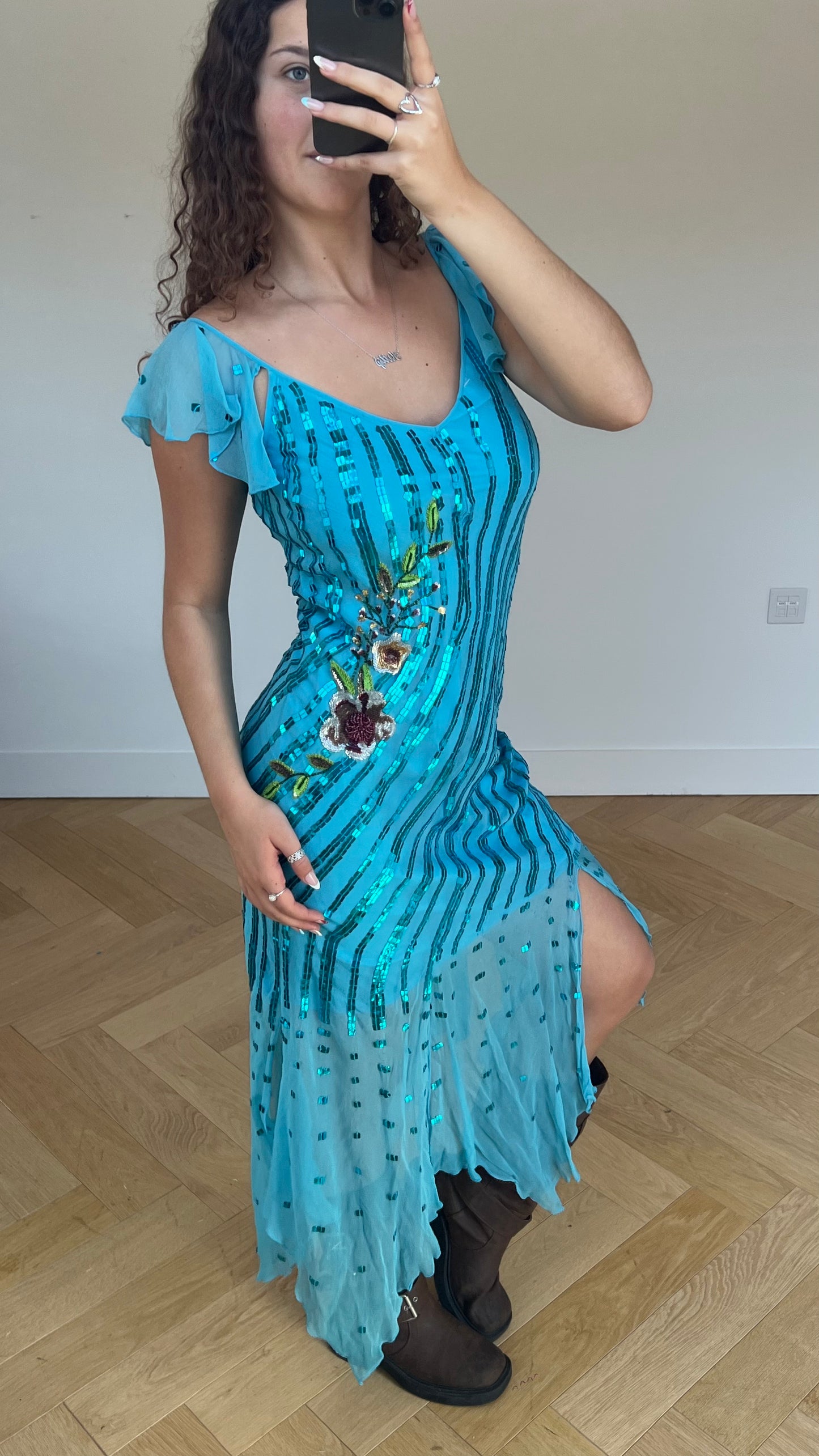 00s blue sequin maxi dress- size XL