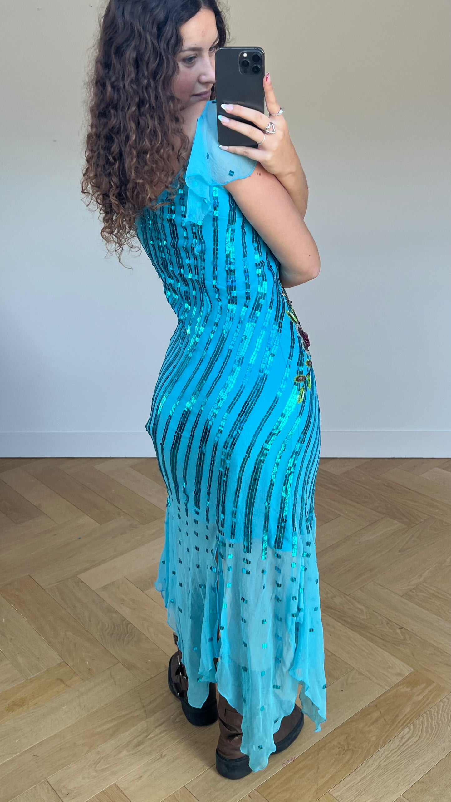 00s blue sequin maxi dress- size XL