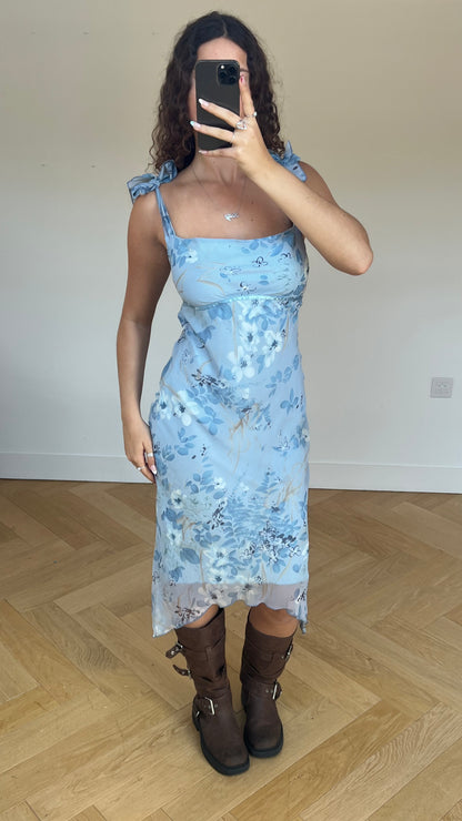00s blue floral midi dress- size M