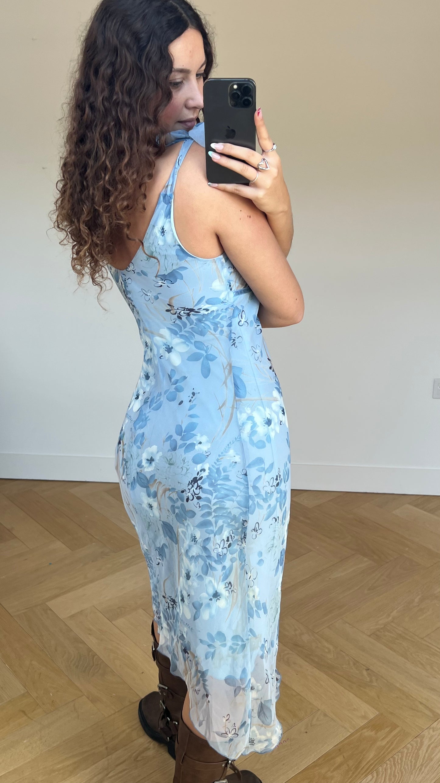 00s blue floral midi dress- size M