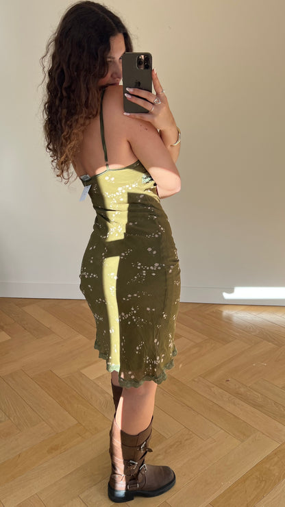 00s green floral midi dress- size S