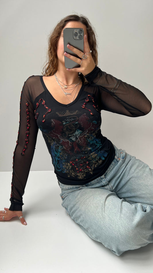 00s Save The Queen mesh long sleeve top- size S