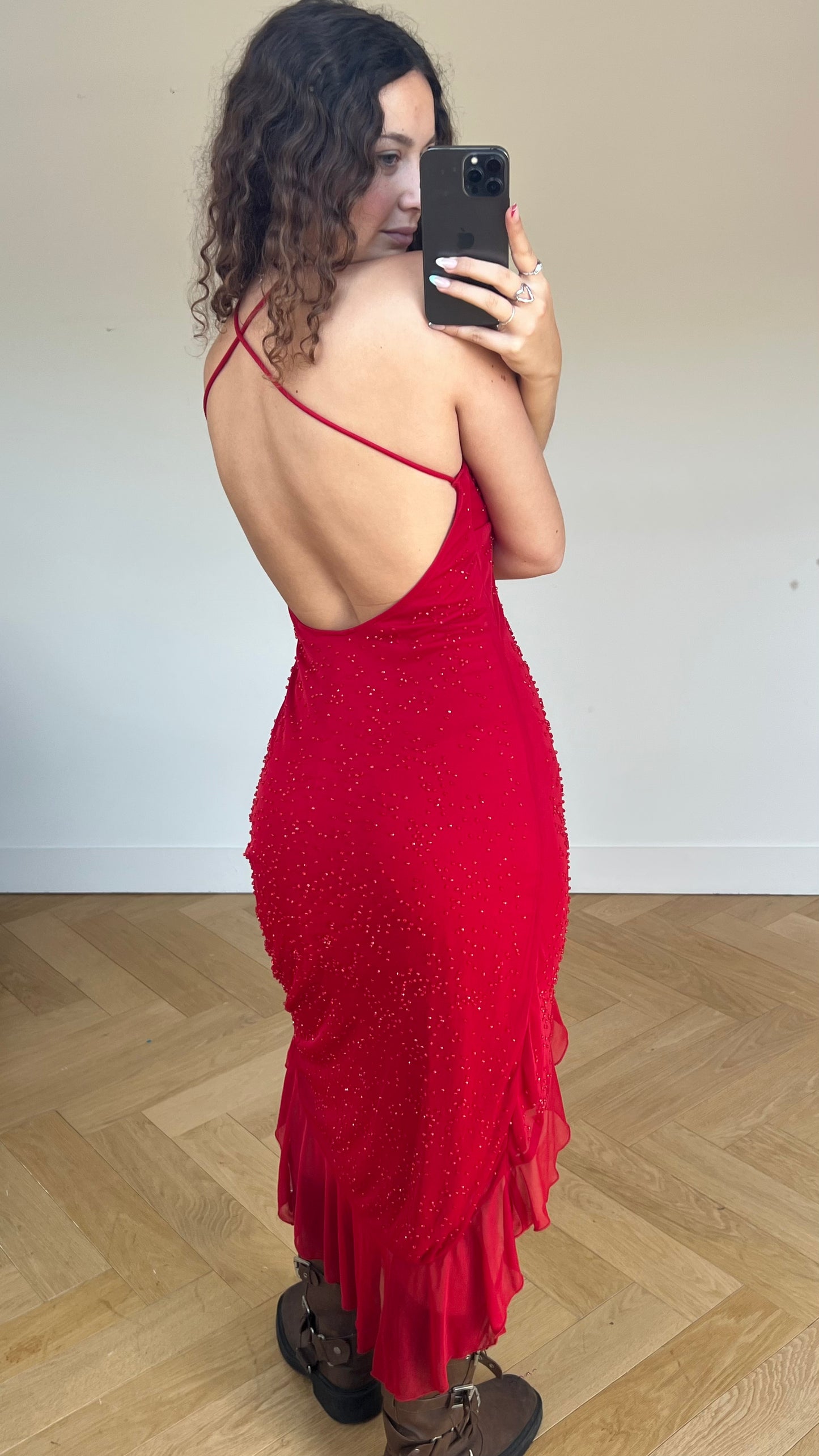 00s red beaded midi dress- size M