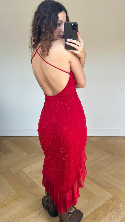 00s red beaded midi dress- size M