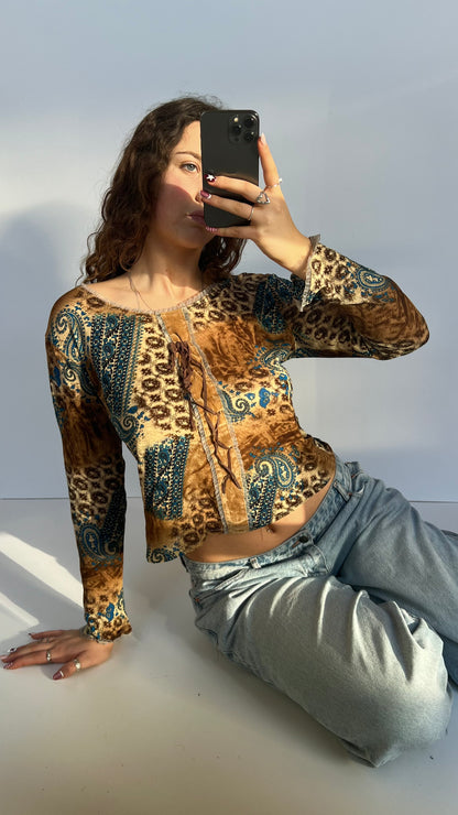 00s brown blue mesh top- size L