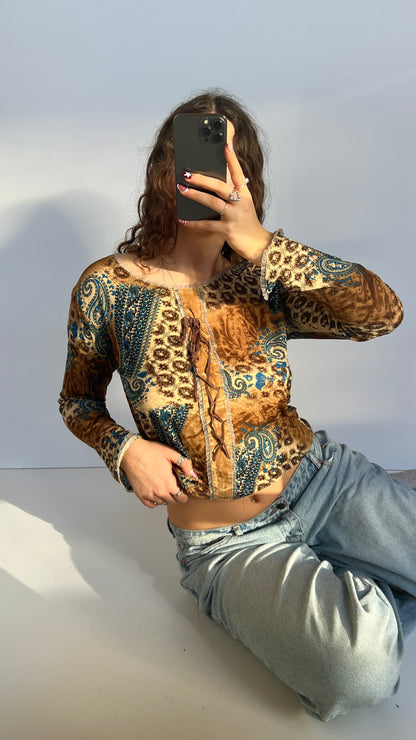 00s brown blue mesh top- size L