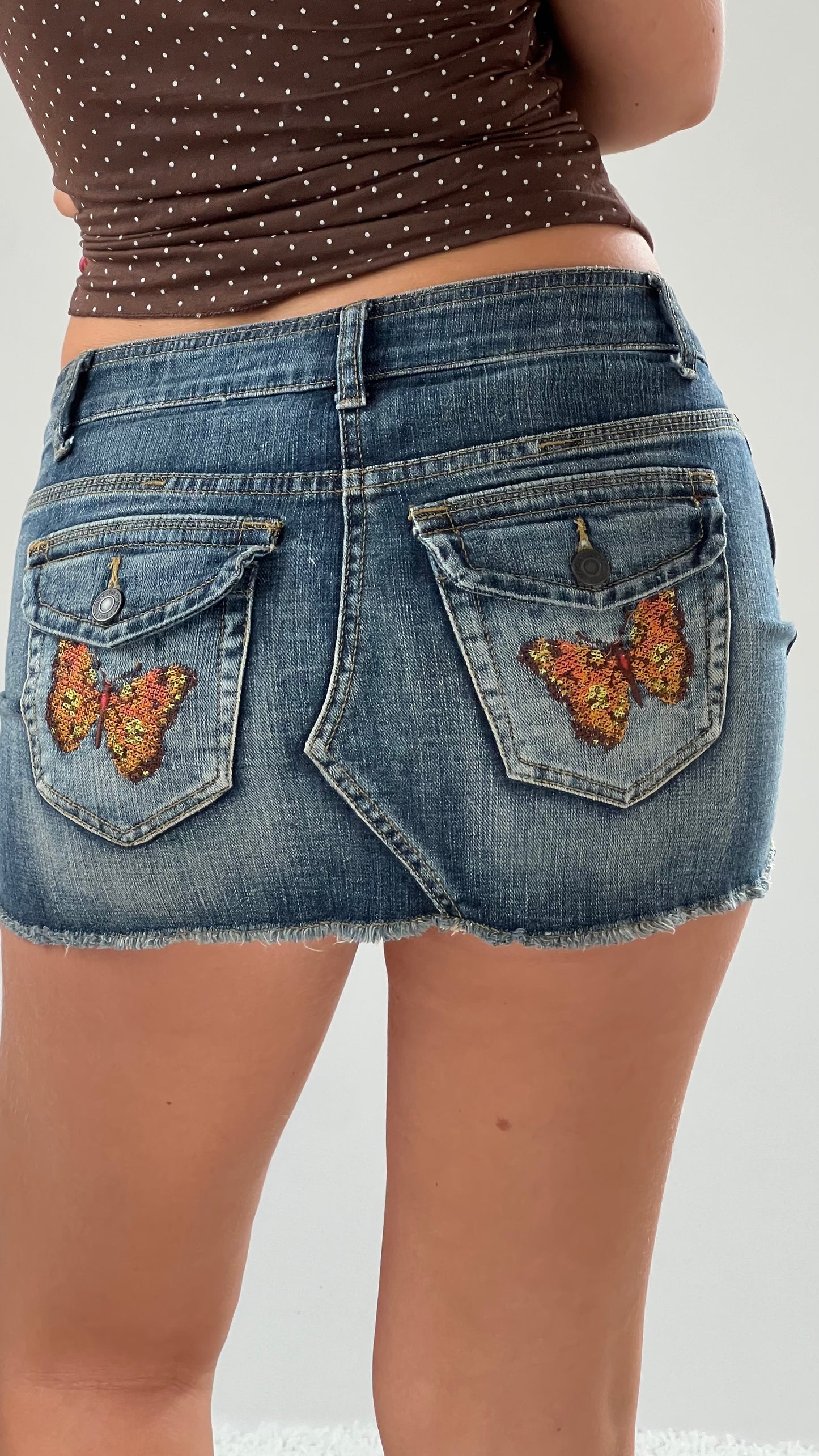 00s low rise denim butterfly mini skirt- size S