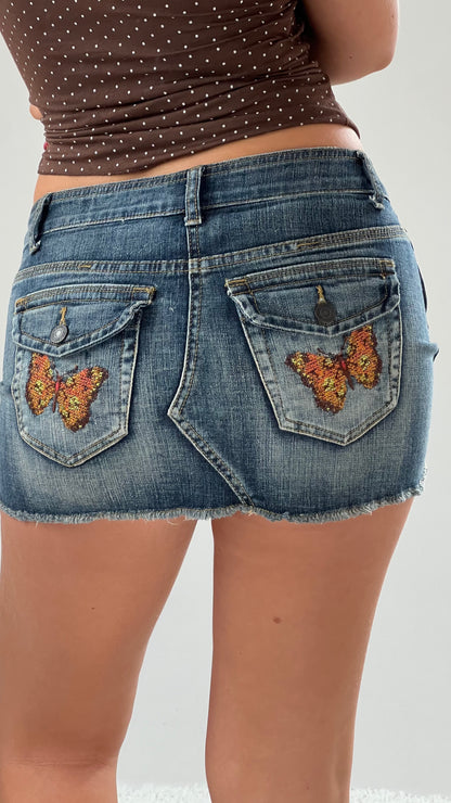00s low rise denim butterfly mini skirt- size S