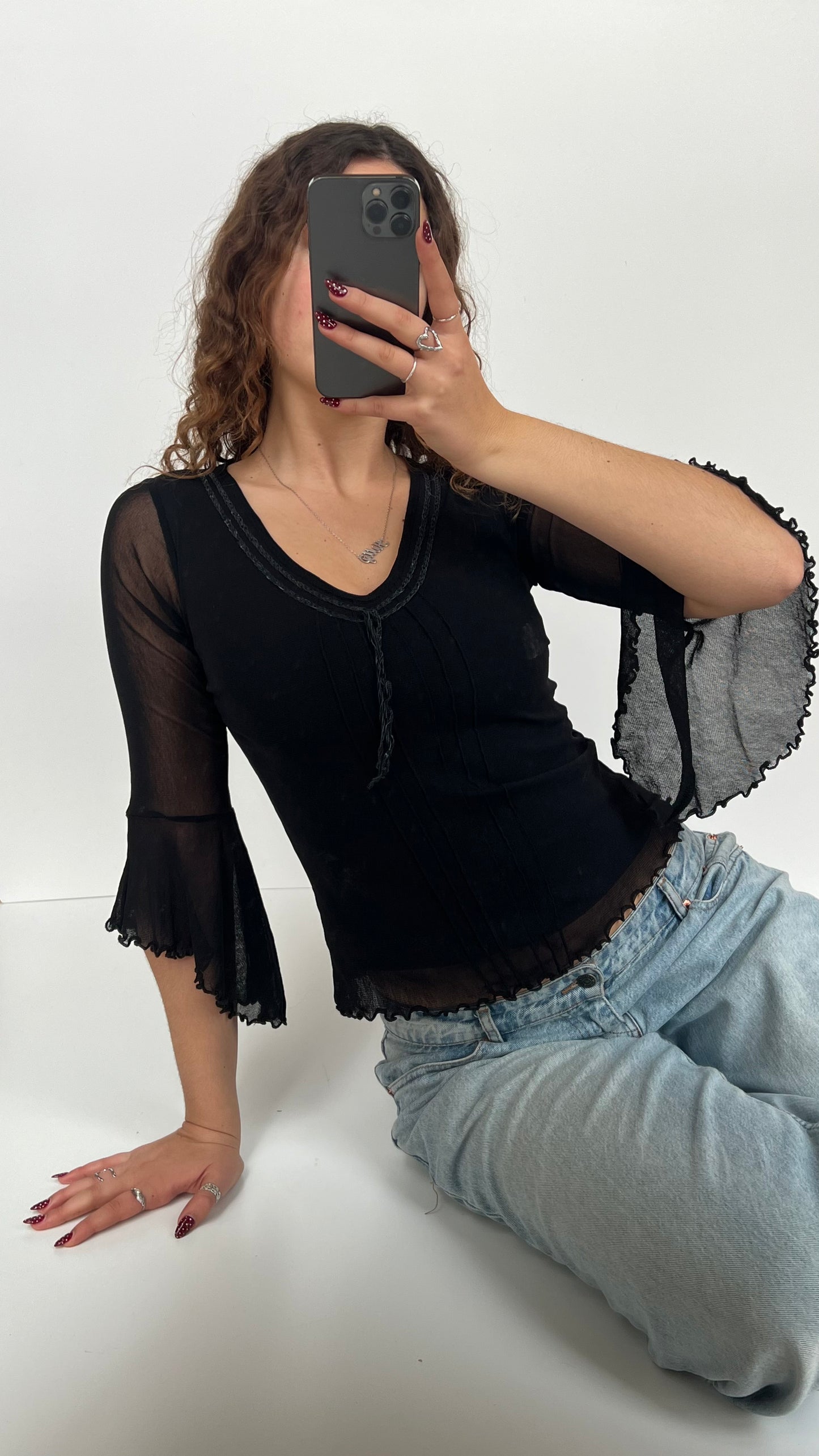 00s black mesh long sleeve top- size S