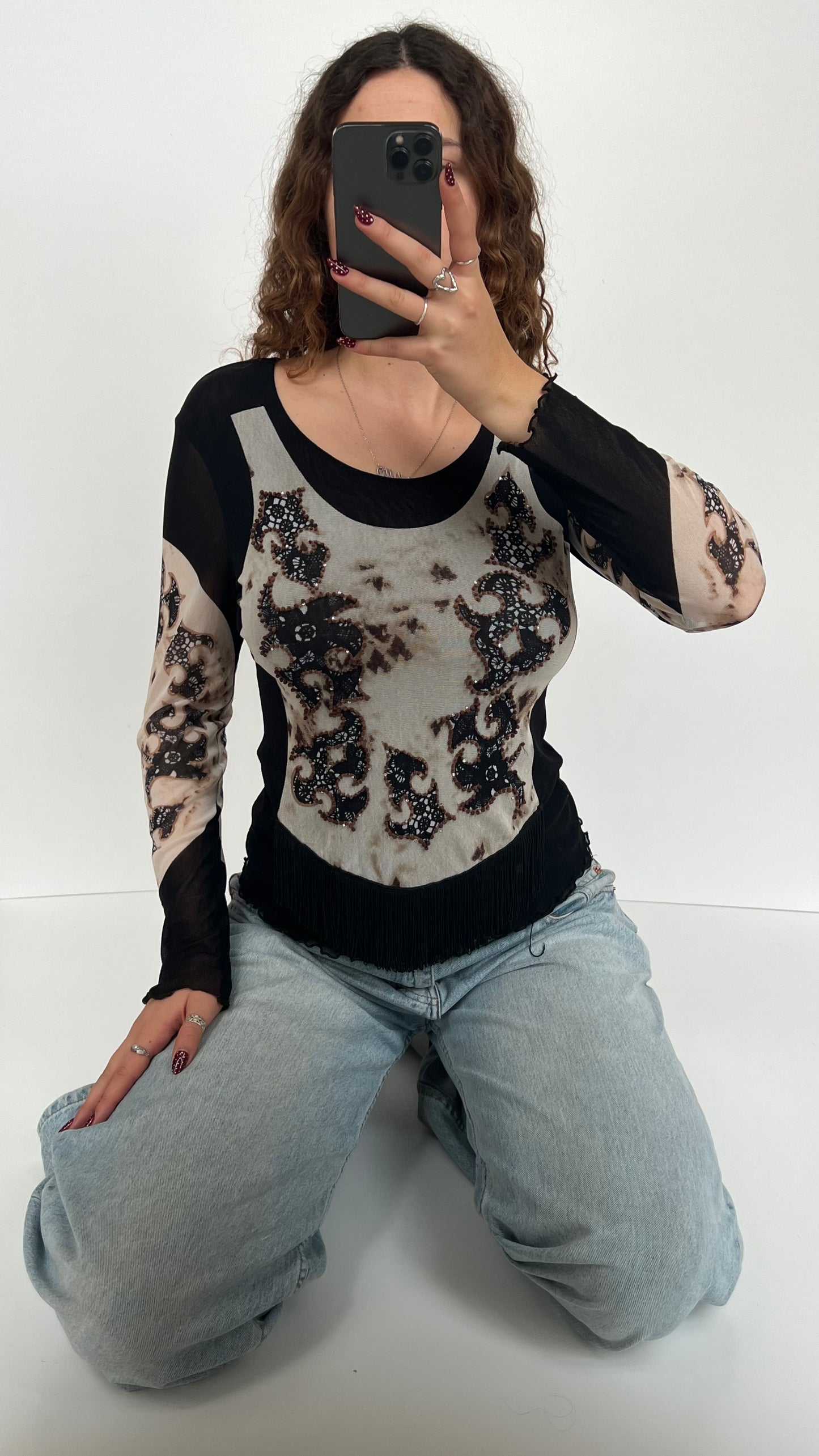 00s black mesh patterned long sleeve- size L