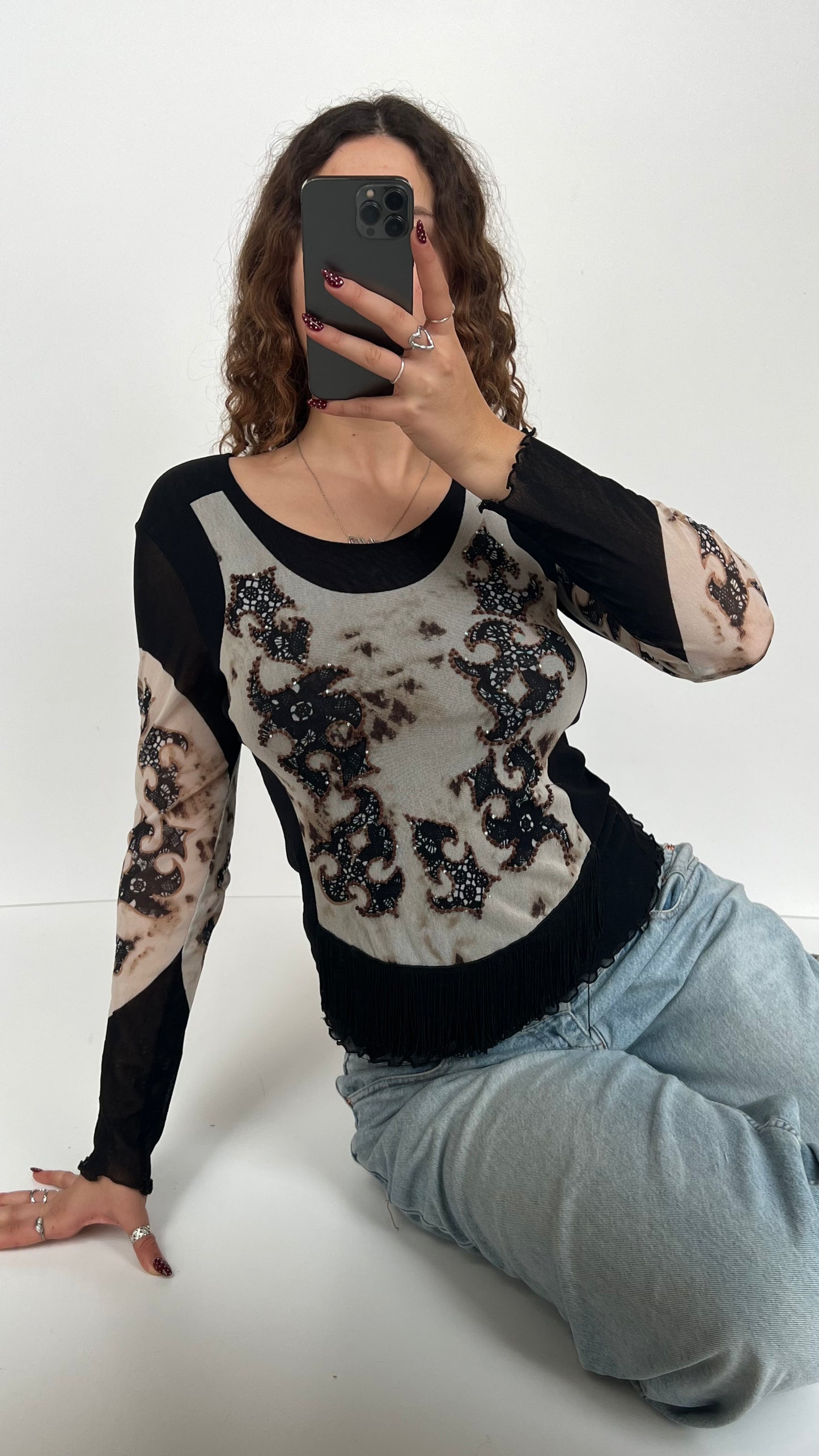 00s black mesh patterned long sleeve- size L