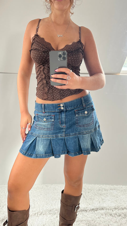 00s denim pleated mini skirt- size L