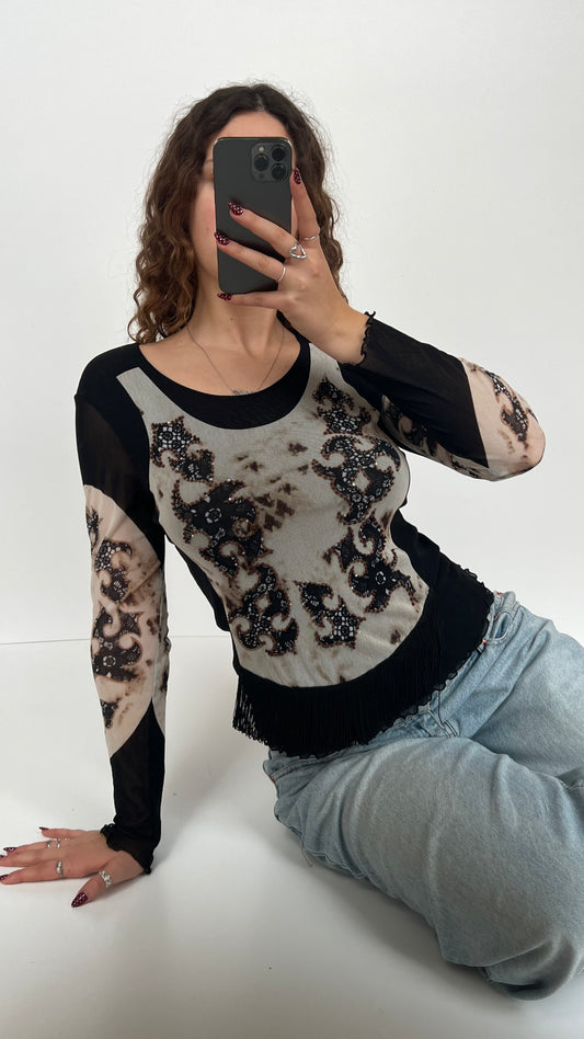 00s black mesh patterned long sleeve- size L