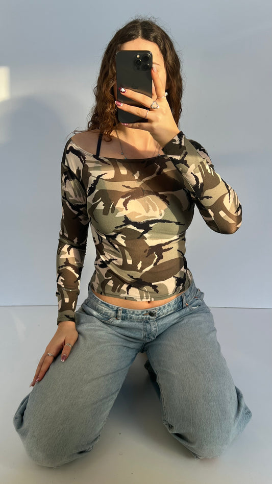 00s camo khaki mesh top- size S