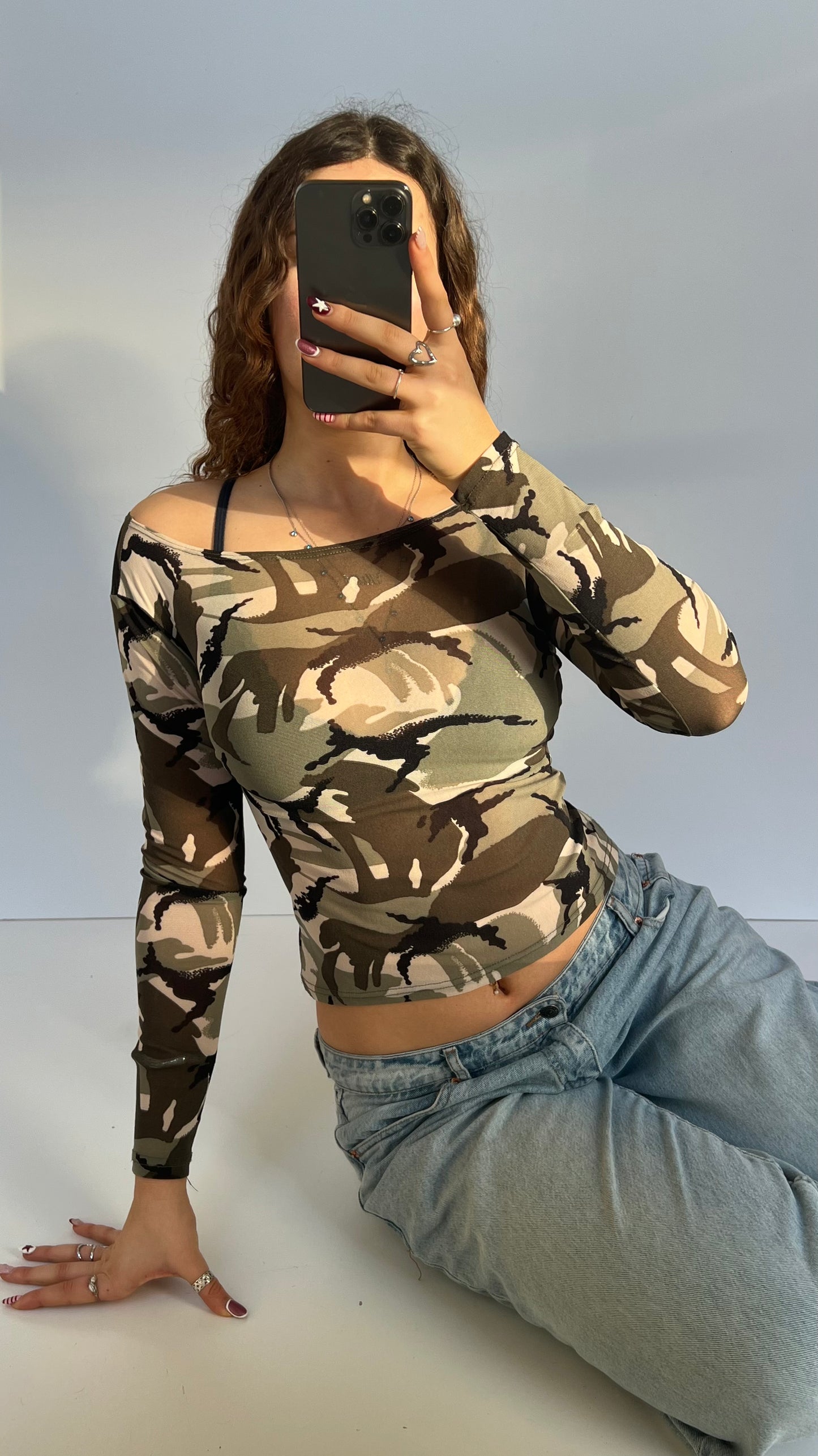 00s camo khaki mesh top- size S