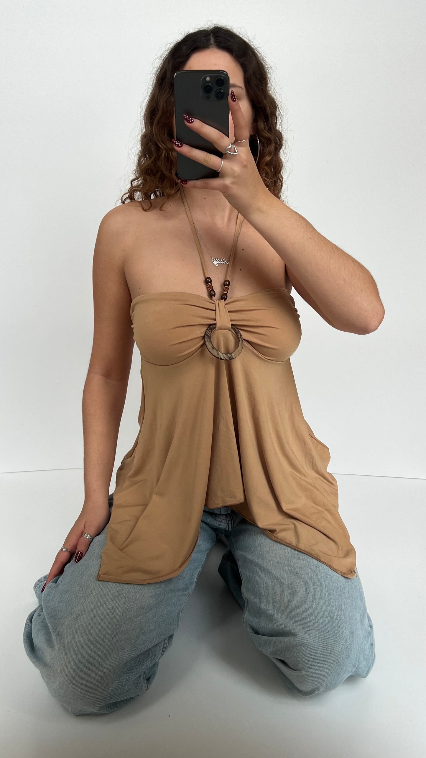 00s brown beaded halter cami- size L/XL