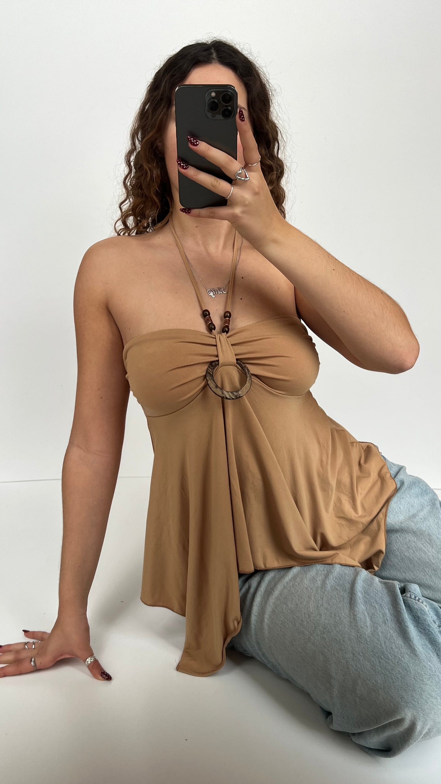 00s brown beaded halter cami- size L/XL