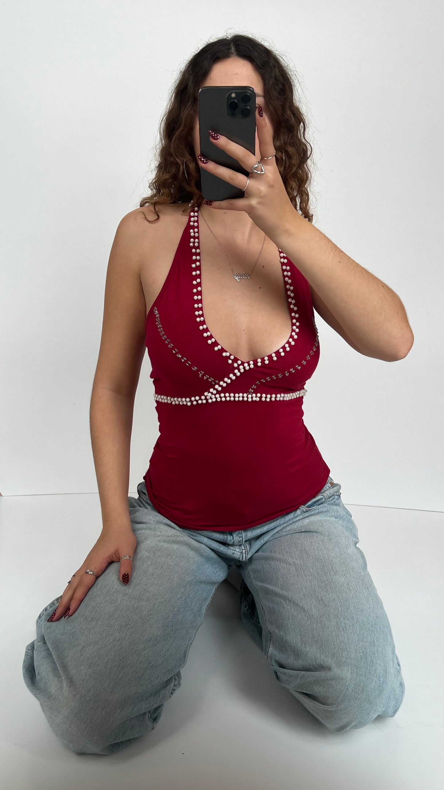 00s red pearl halter cami- size M