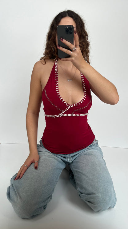 00s red pearl halter cami- size M