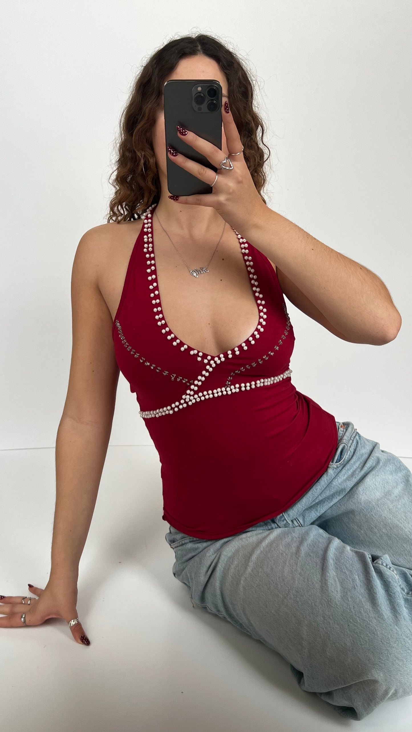 00s red pearl halter cami- size M