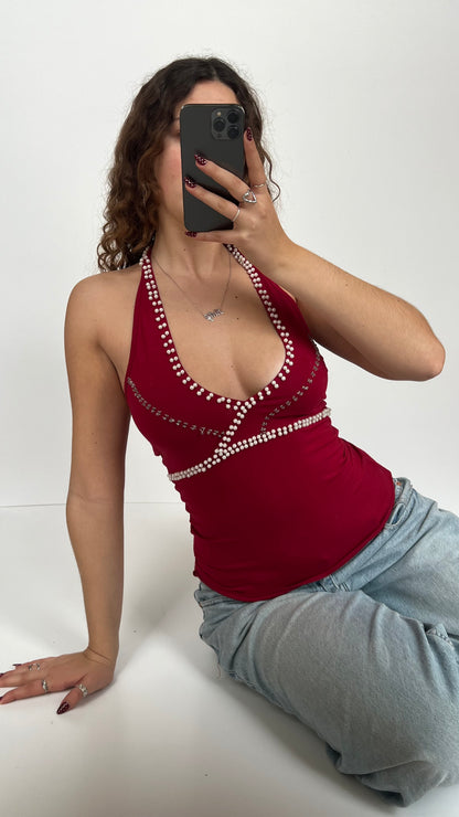 00s red pearl halter cami- size M