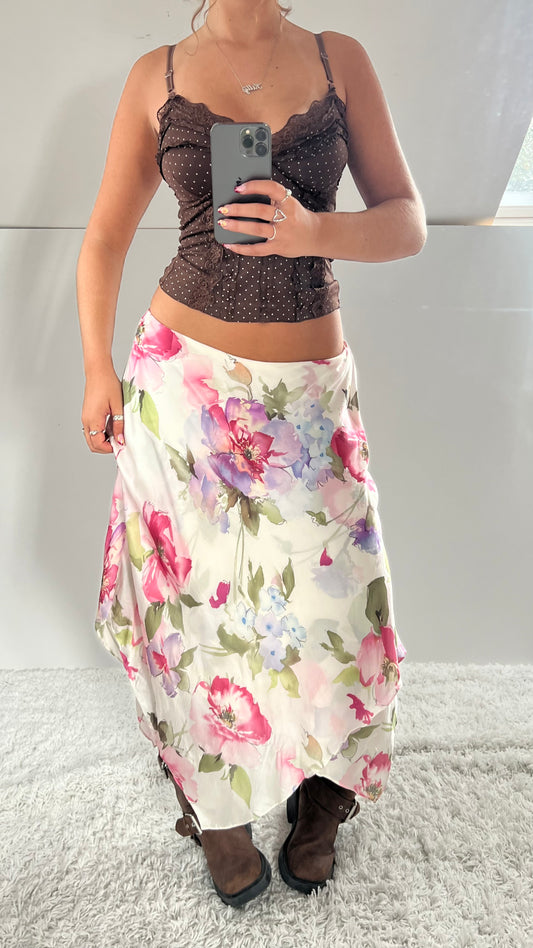 00s silk floral maxi skirt- size M