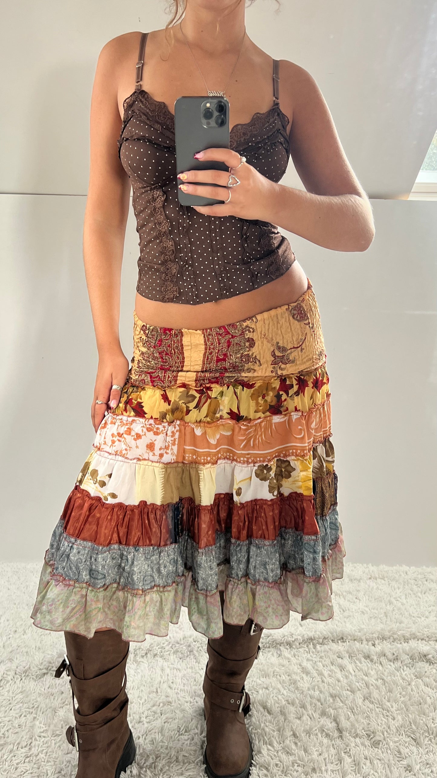 00s brown patchwork fairy midi skirt- size S