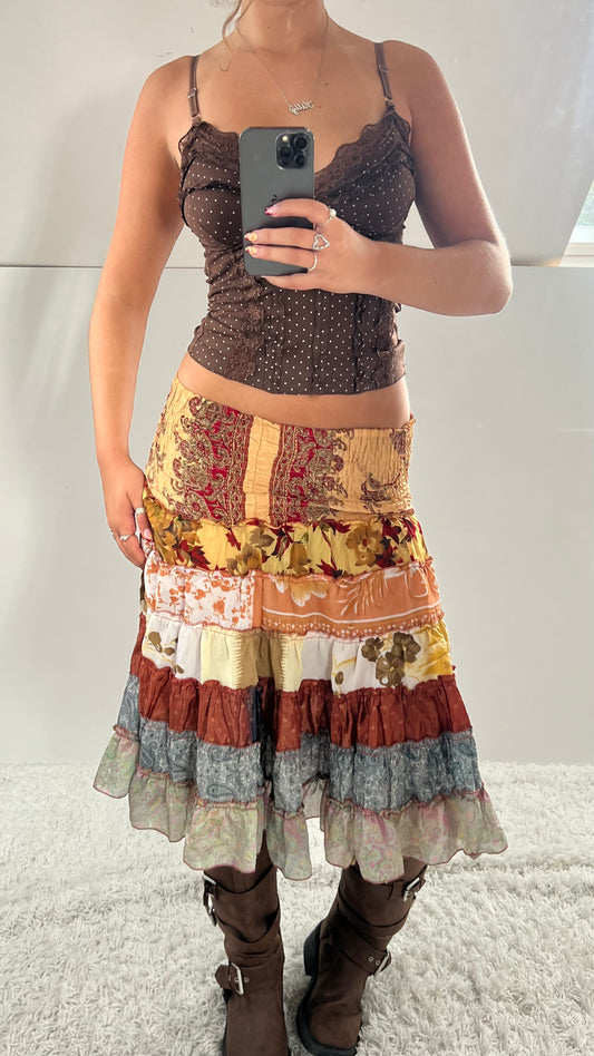 00s brown patchwork fairy midi skirt- size S