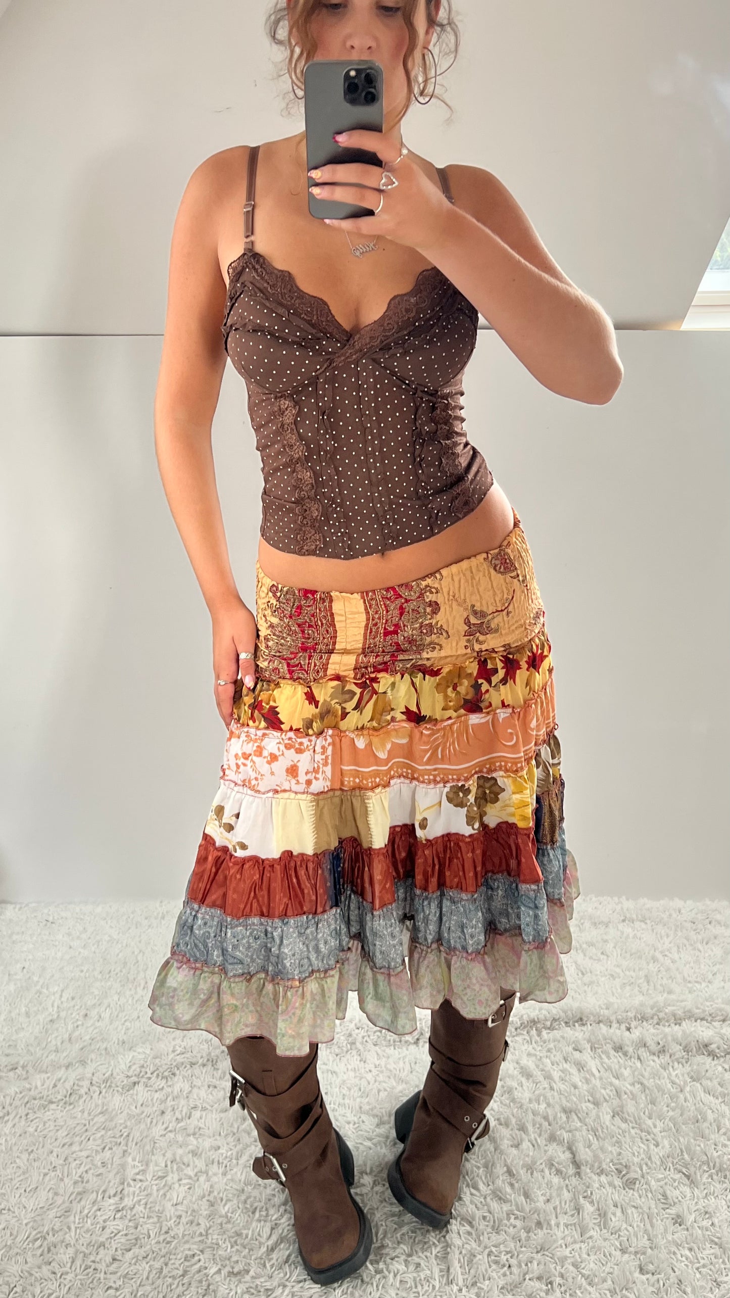 00s brown patchwork fairy midi skirt- size S