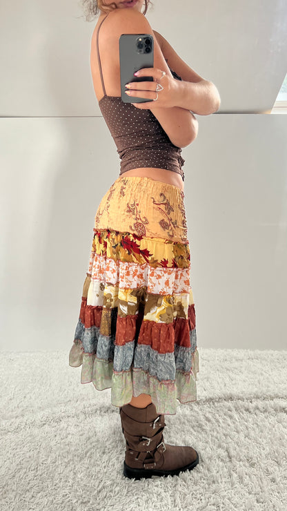 00s brown patchwork fairy midi skirt- size S