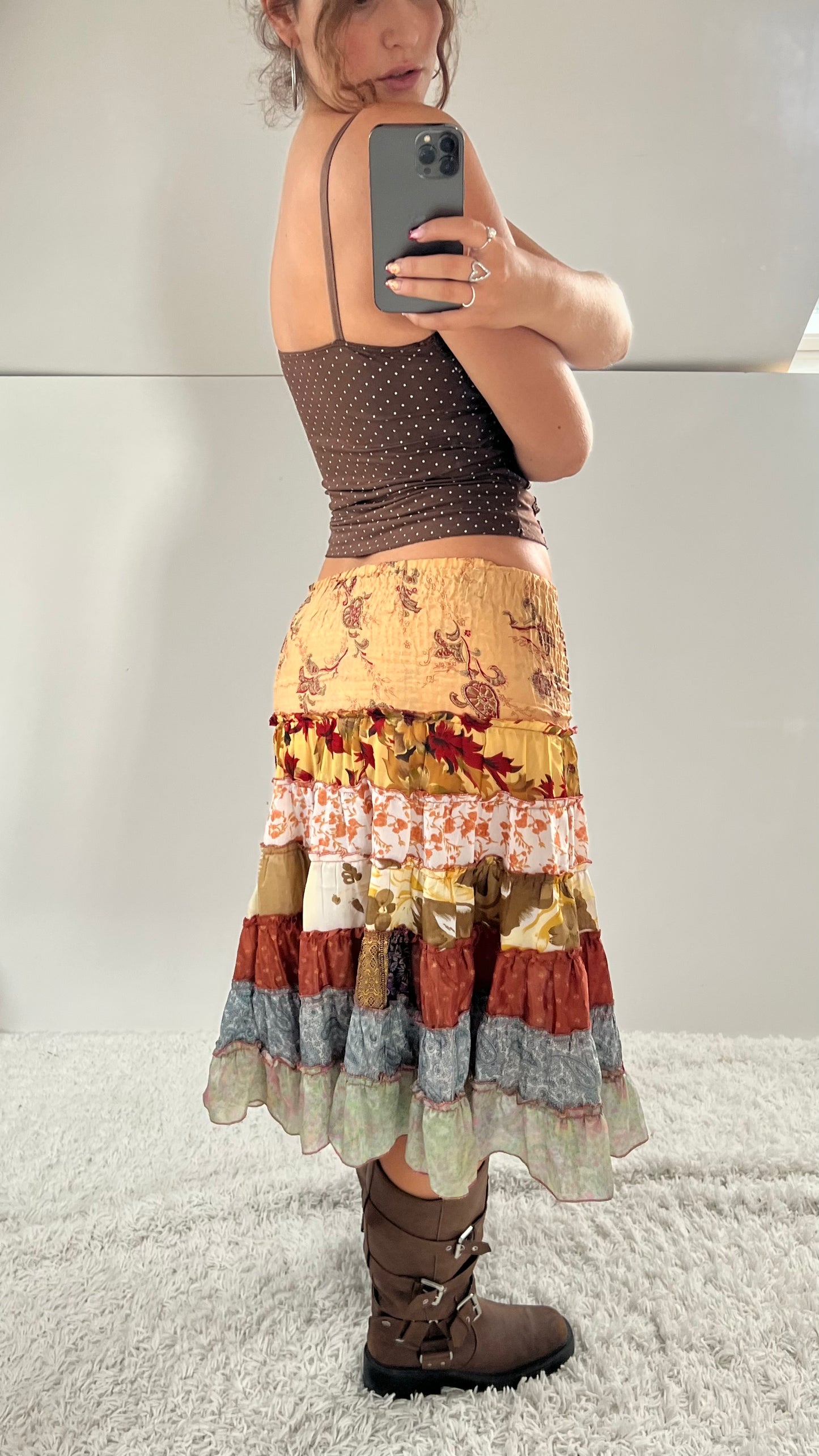 00s brown patchwork fairy midi skirt- size S