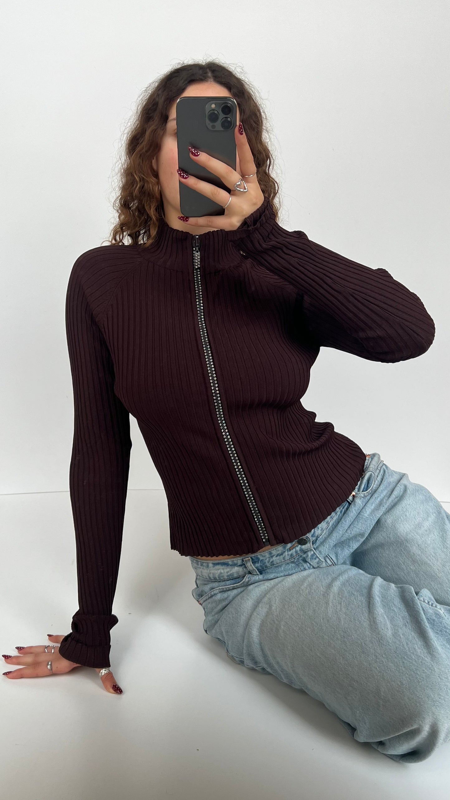 00s brown diamanté zip up- size S/M