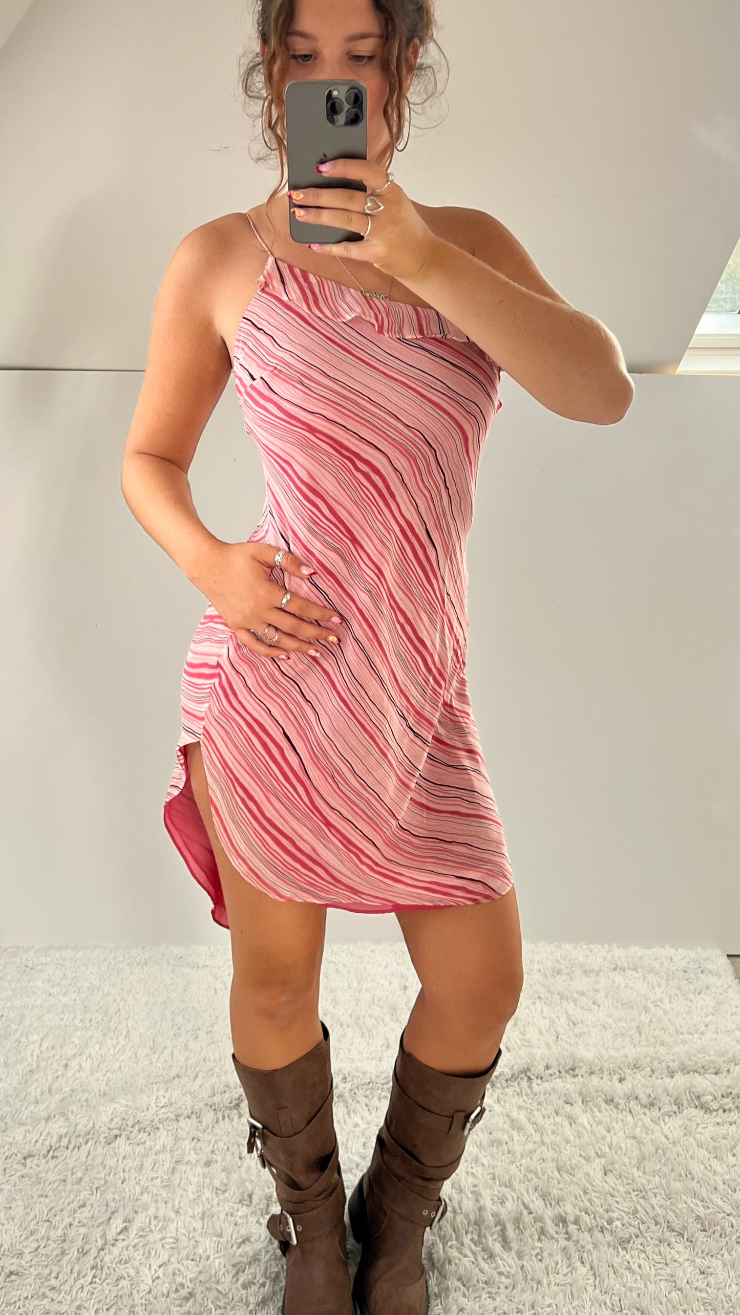 00s pink mesh striped midi dress- size S