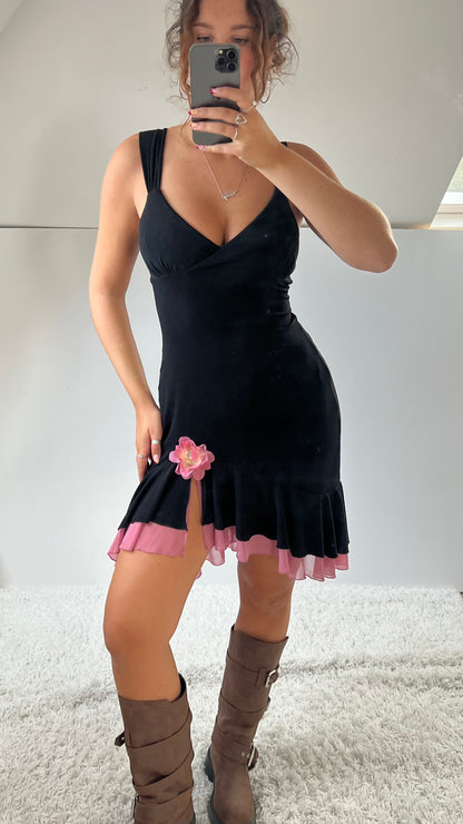 00s black pink flower mini dress- size M