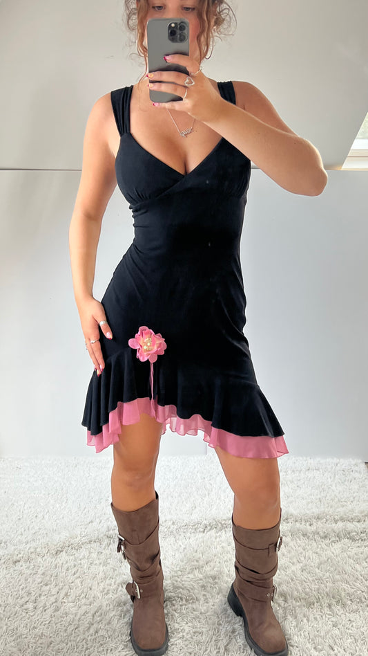 00s black pink flower mini dress- size M