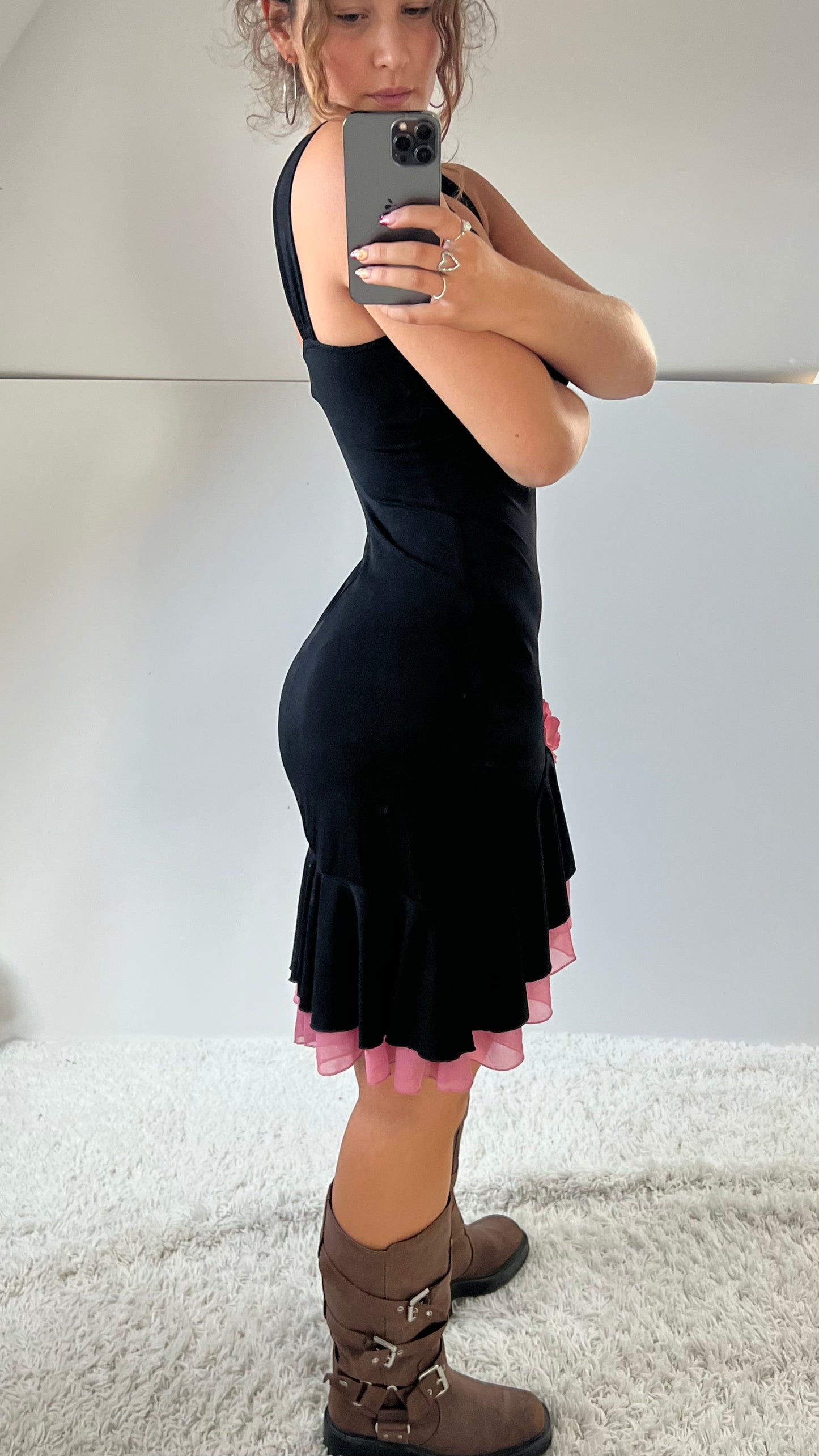 00s black pink flower mini dress- size M