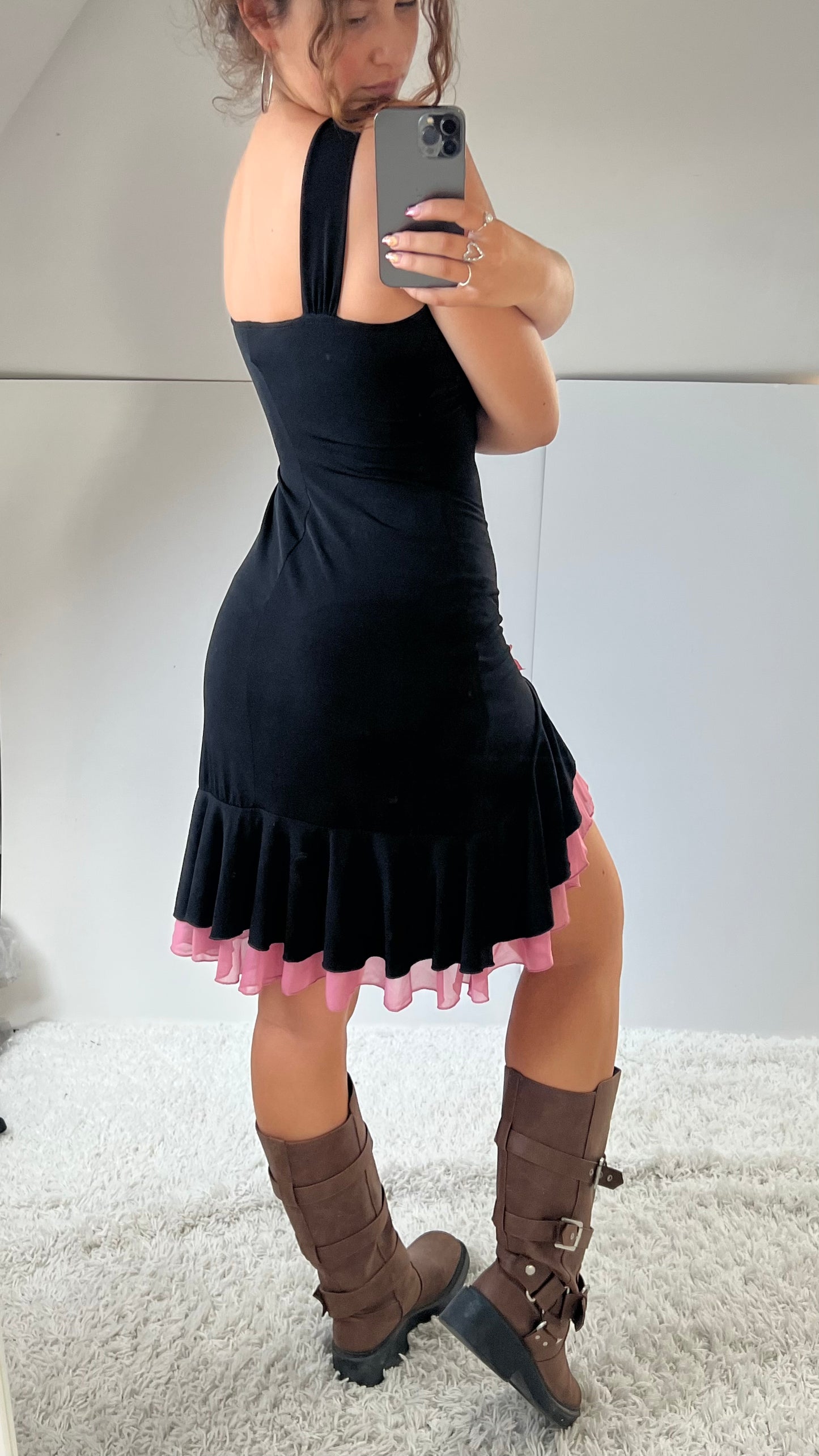 00s black pink flower mini dress- size M