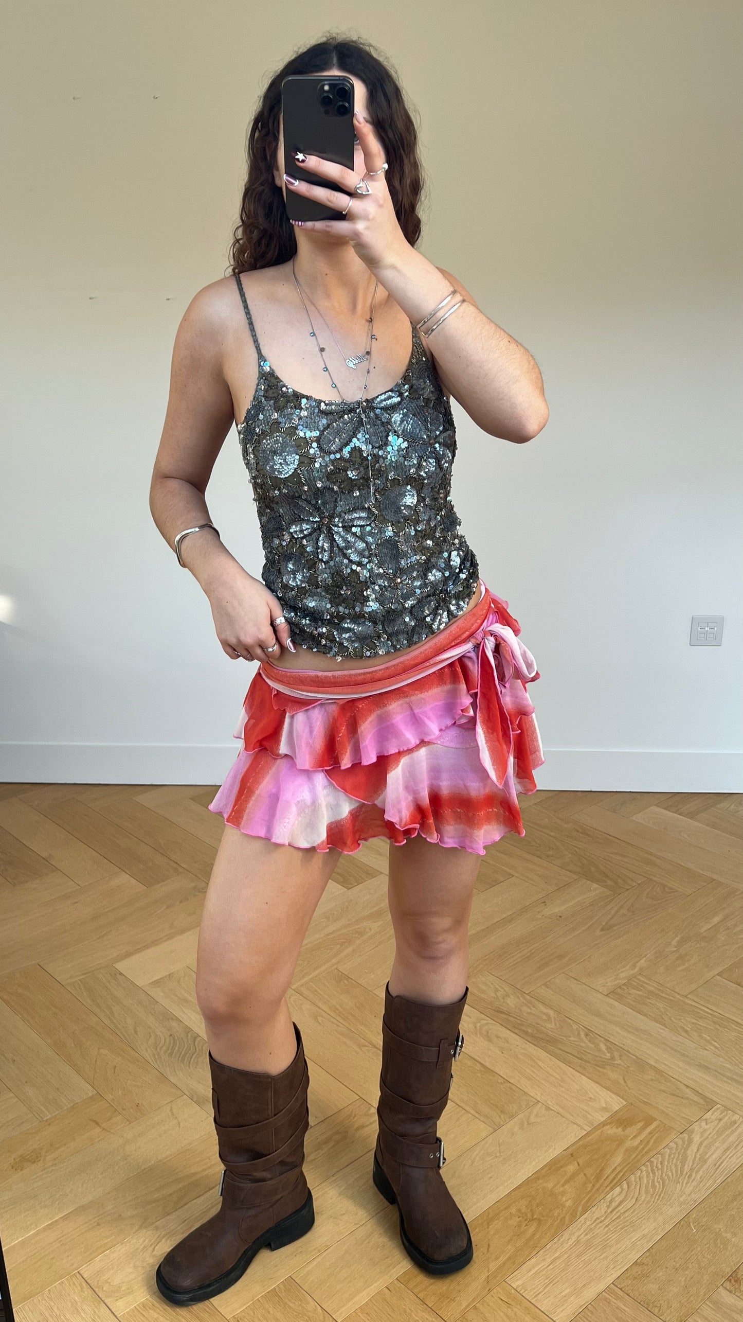 00s pink ruffle mini skirt- size S