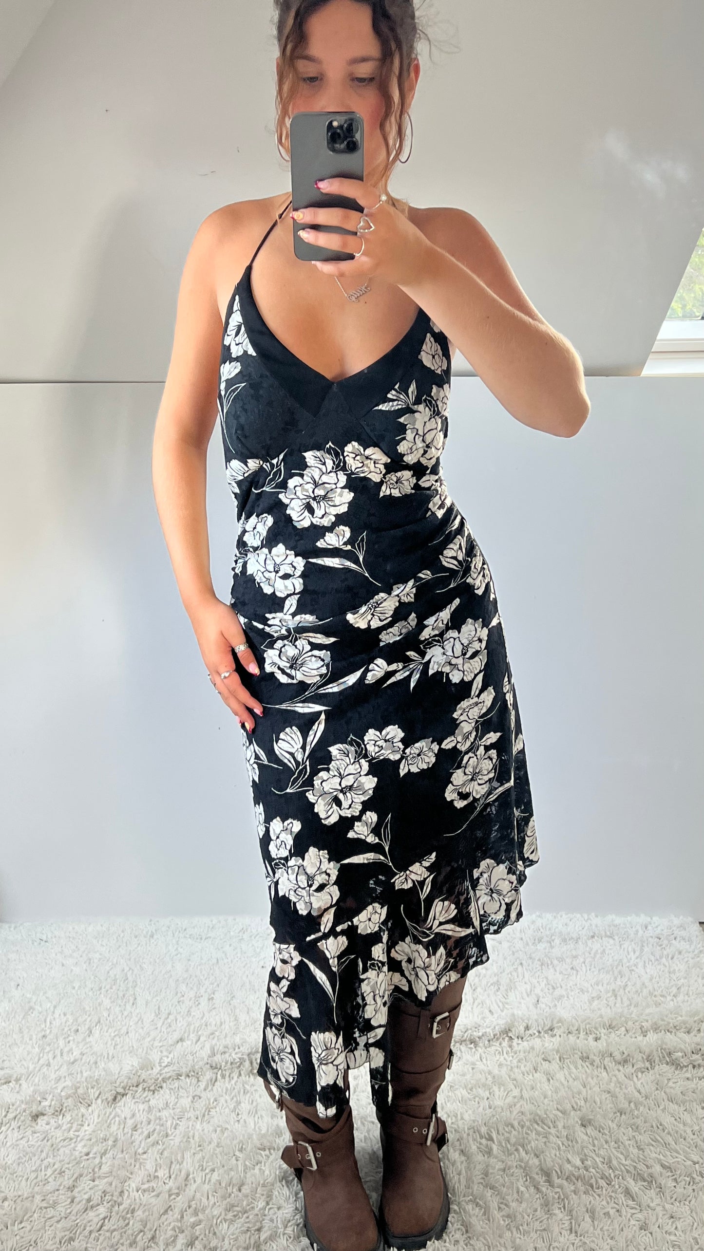00s black lace floral midi dress- size XL