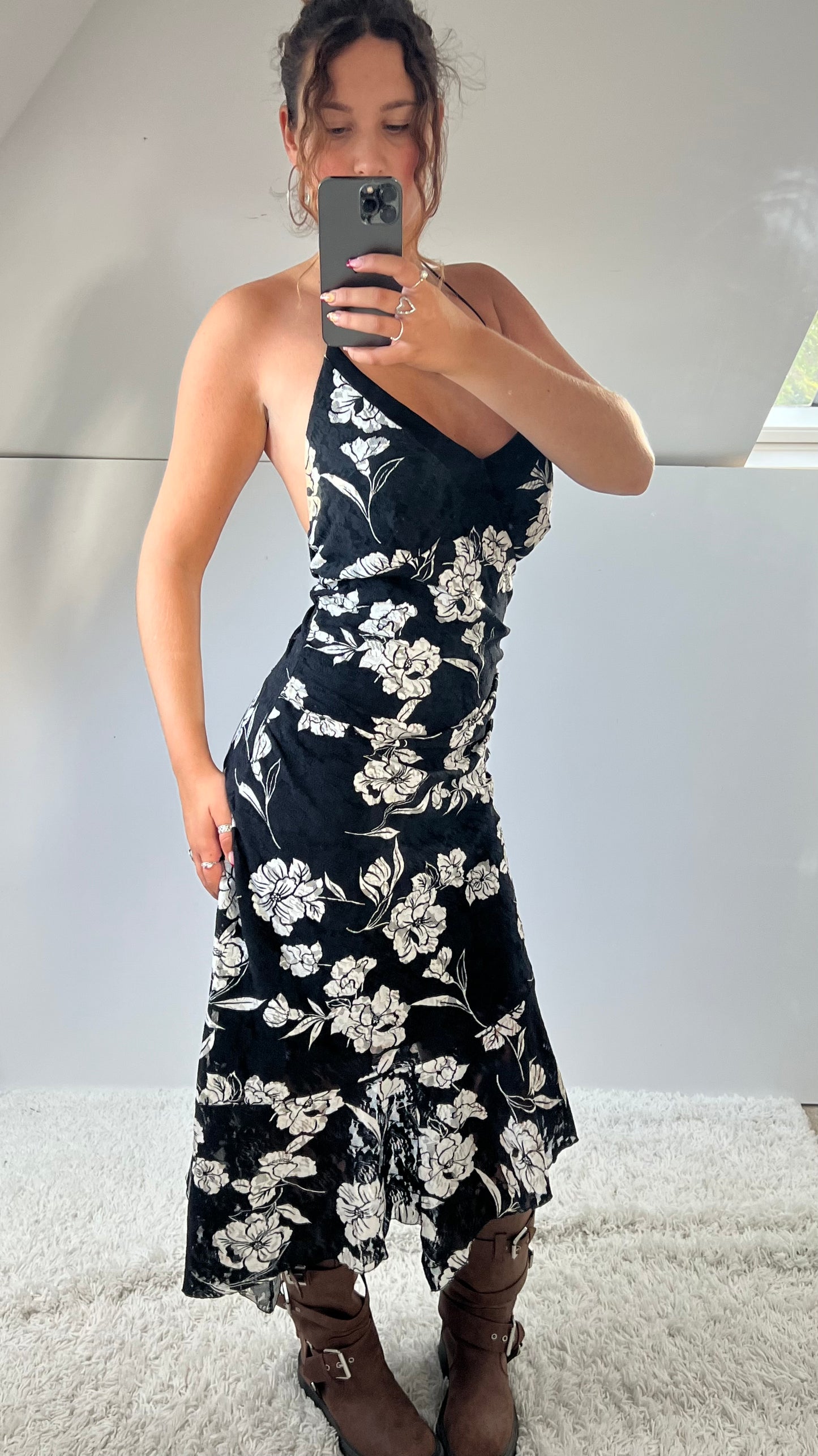 00s black lace floral midi dress- size XL