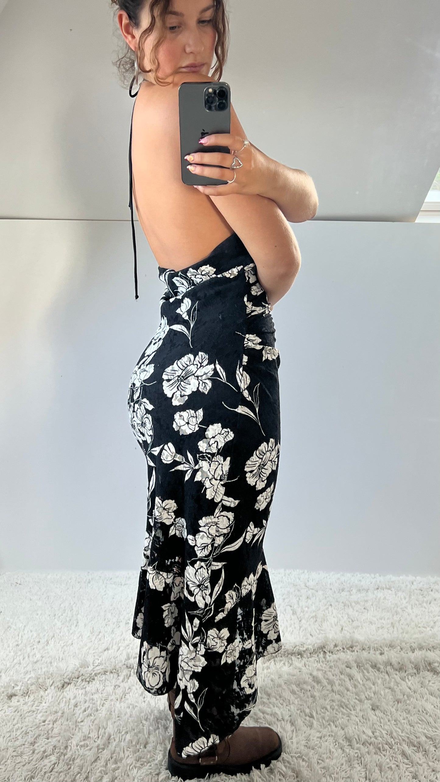 00s black lace floral midi dress- size XL