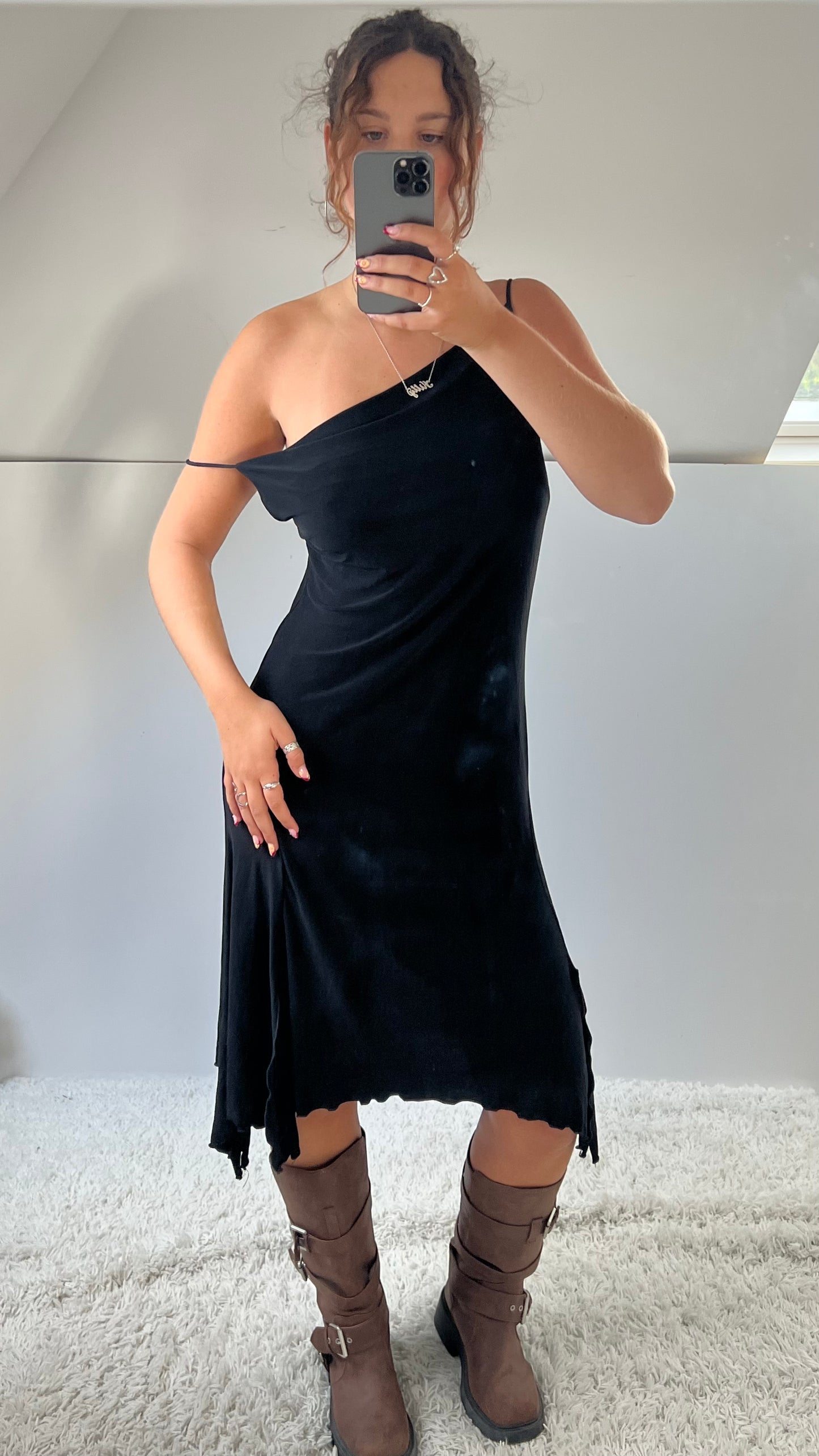 00s black asymmetric midi dress- size L