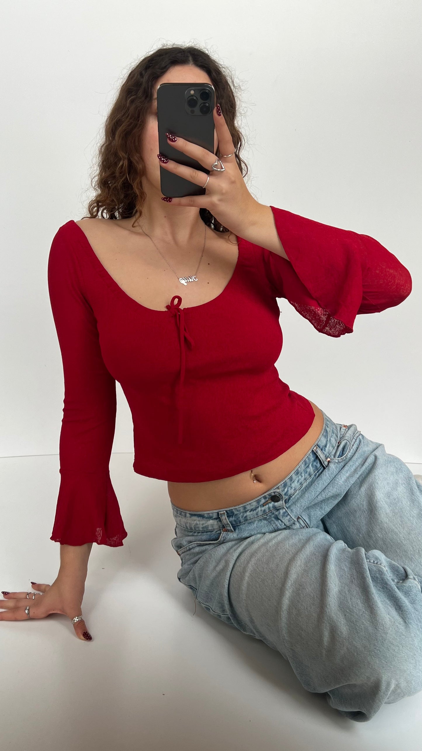 00s red mesh long sleeve top- size S