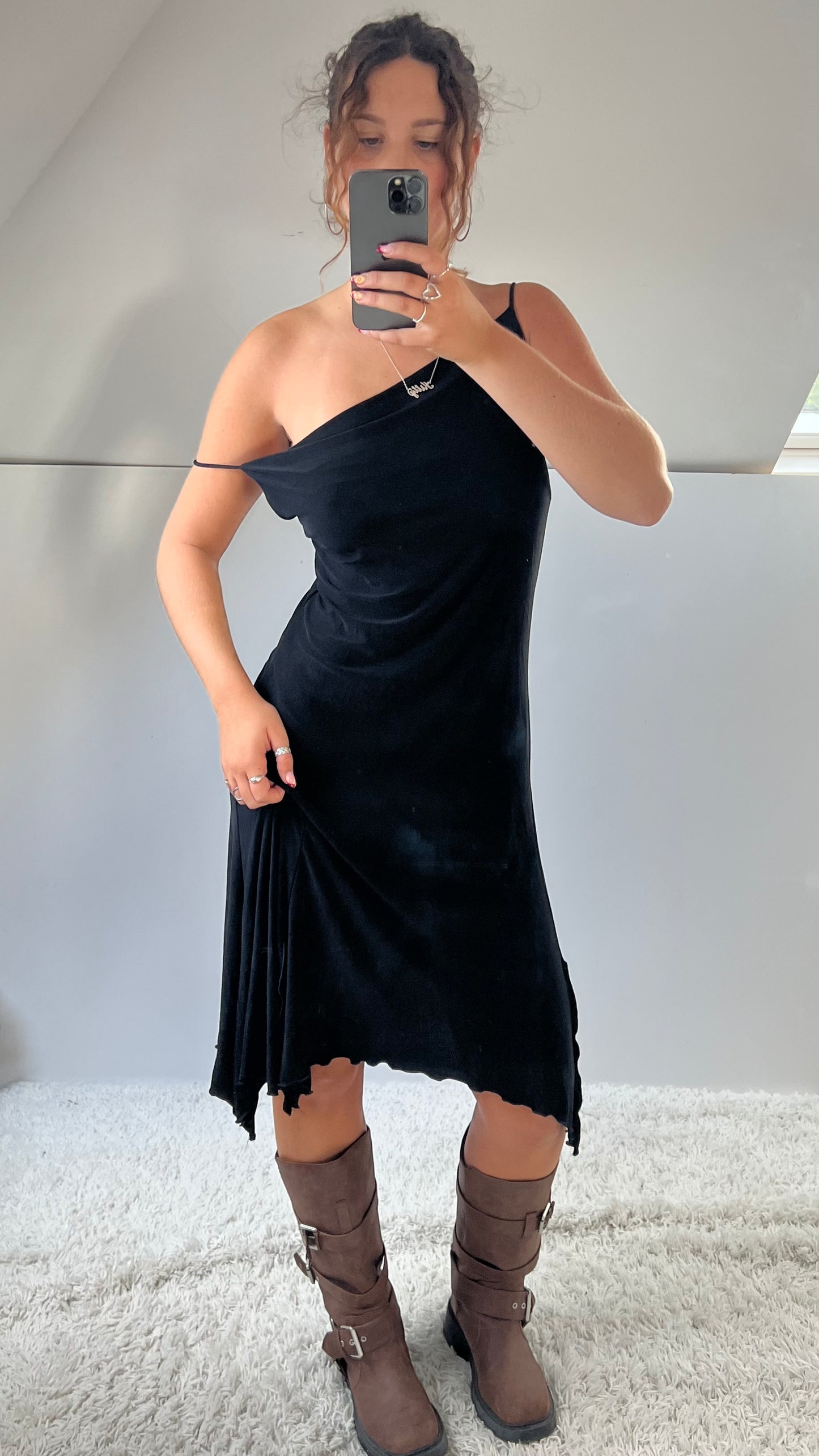00s black asymmetric midi dress- size L