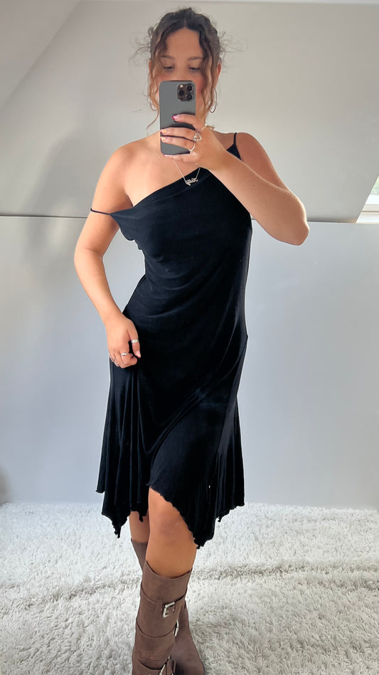 00s black asymmetric midi dress- size L