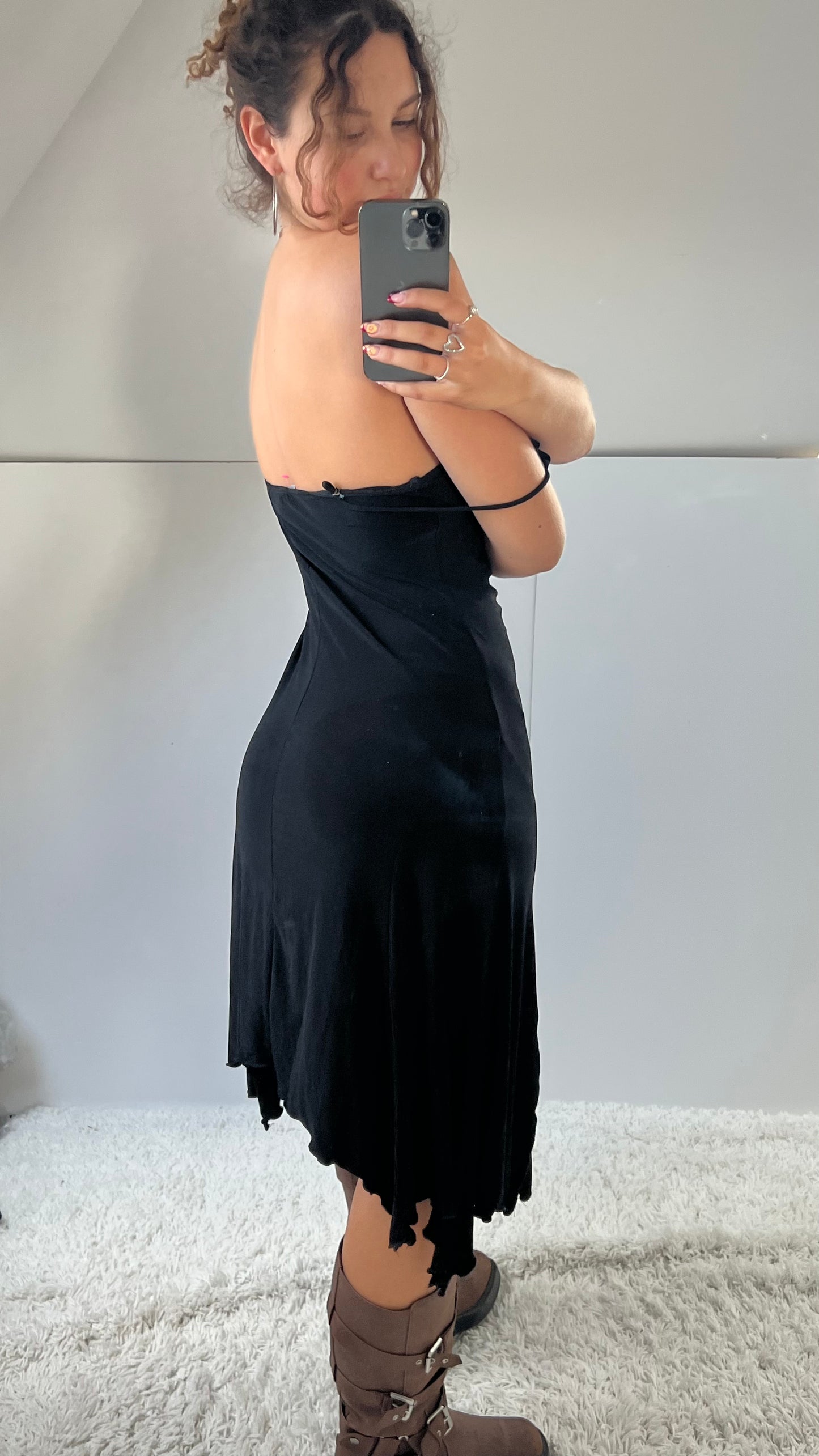 00s black asymmetric midi dress- size L