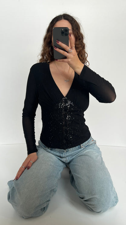 00s black mesh sequin top- size M