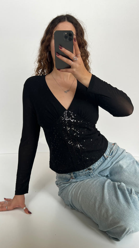 00s black mesh sequin top- size M