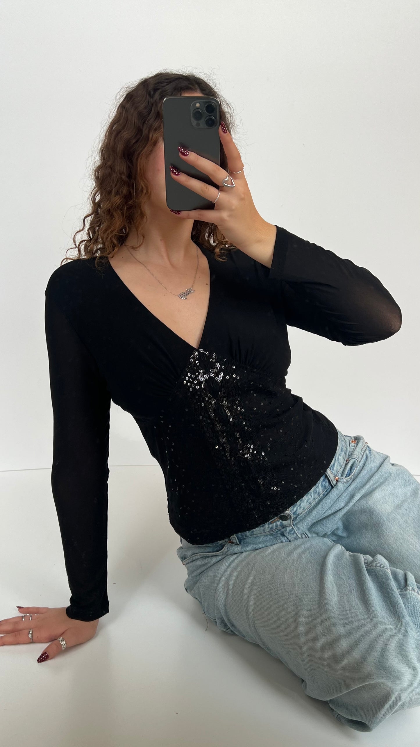 00s black mesh sequin top- size M