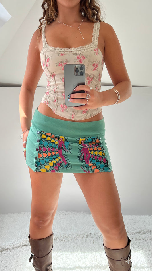 00s green graphic mini skirt- size M